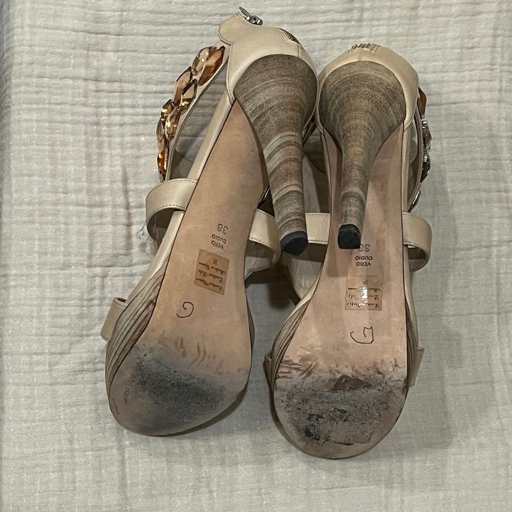 Jean-Michel Cazabat Crystal Embellished Platform Leather High Heels Nude Sz 7.5 - Picture 8 of 16